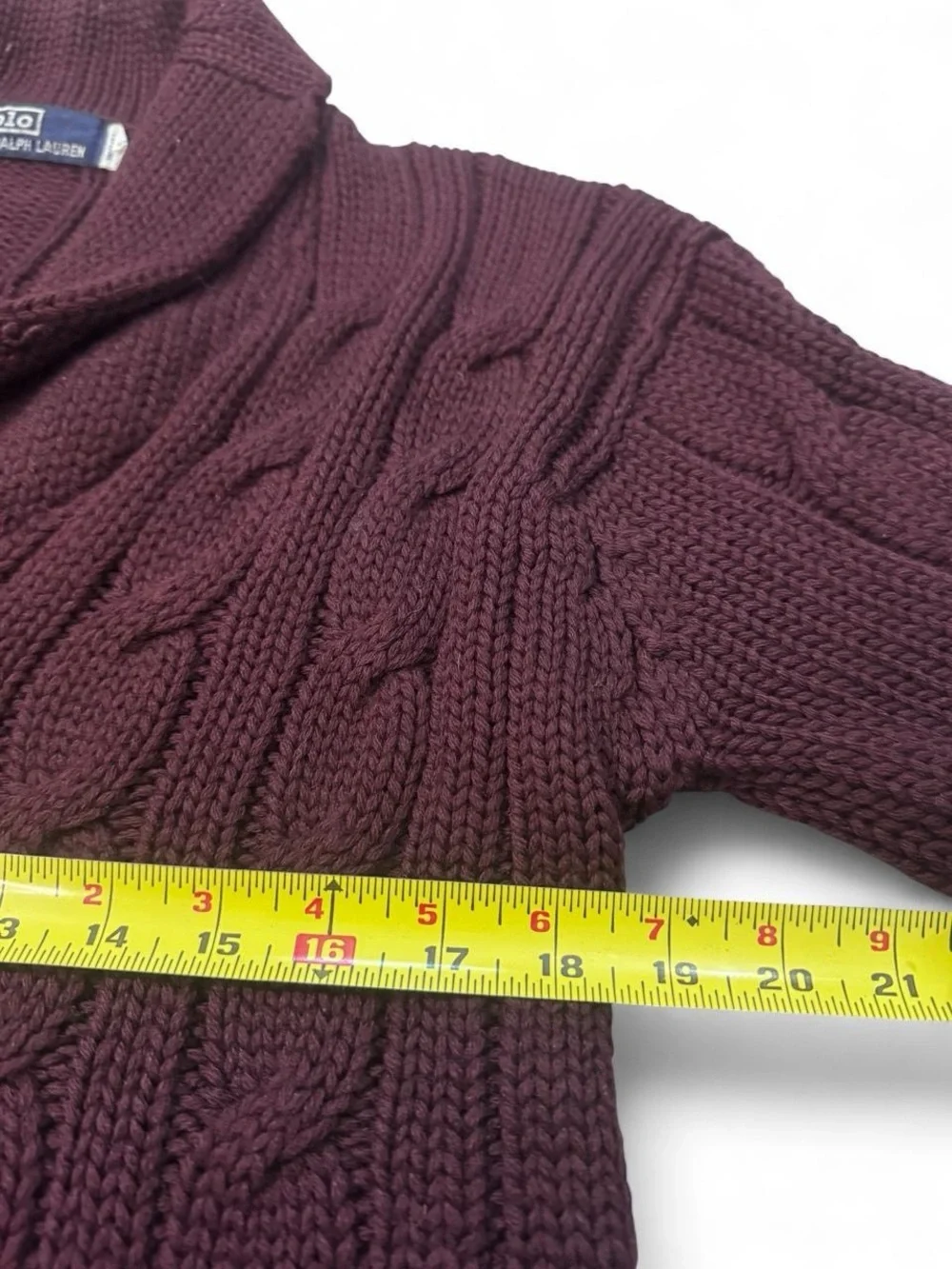 VTG 90s Polo Ralph Lauren cable knit chunky wool cardigan sweater burgundy 42 M